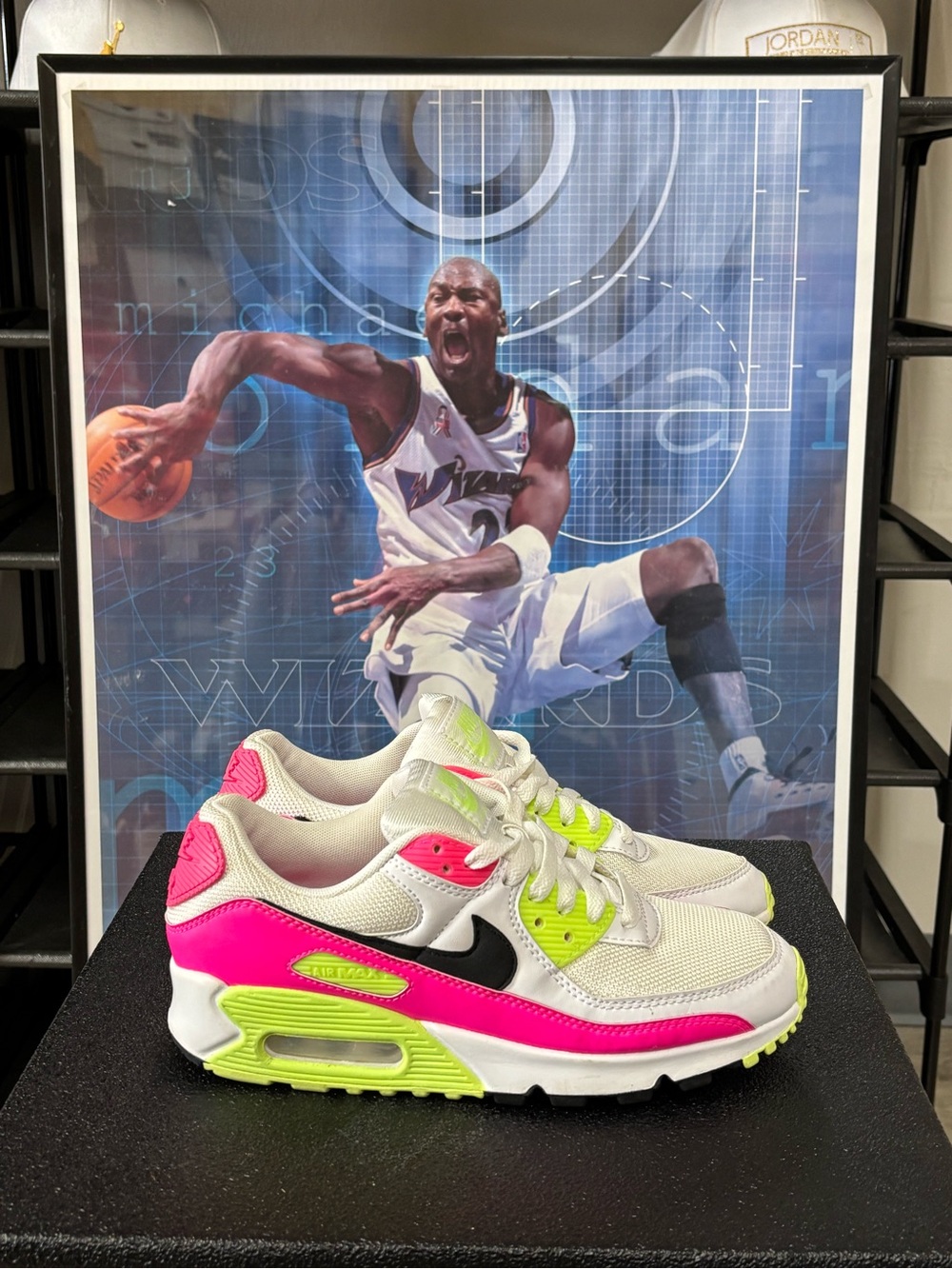 Size 7.5- Nike Air Max 90 GS CT1030-100 White/Black Ghost Green "Pink Volt"